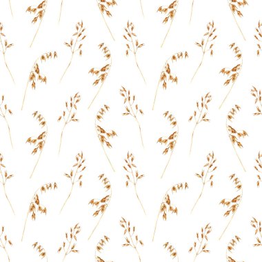 Yulaf bitkileriyle sulu boya deseni, yenilebilir nişasta taneleri, evcilleştirilmiş mısır gevreği. El çizimi tekrarlama deseni beyaz arkaplanda sarma, duvar kağıdı, kumaş, tekstil için izole edildi.