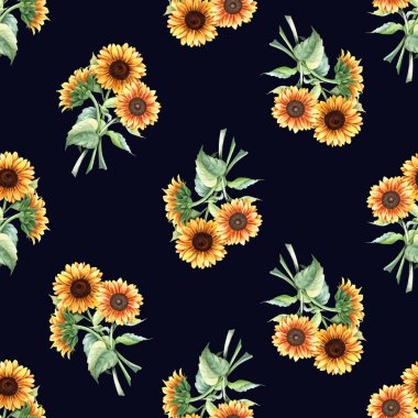 Sarı ayçiçeği buketli suluboya desenli. Sarma, duvar kağıdı, kumaş ve tekstil için el çizimi tekrarlama deseni