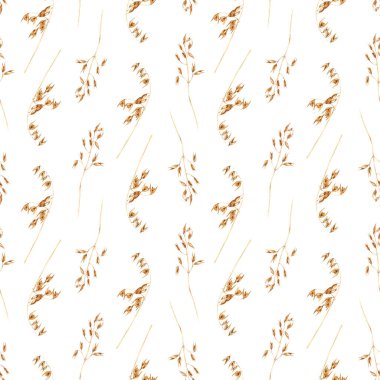 Yulaf bitkileriyle suluboya dinamik kusursuz desen, yenilebilir nişasta taneleri, evcilleştirilmiş mısır gevreği. El çizimi tekrarlama deseni beyaz arkaplanda sarma, duvar kağıdı, kumaş, tekstil için izole edildi.
