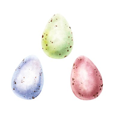 Bir dizi süslü, renkli, benekli Paskalya yumurtası doğurganlığın ve yeniden doğuşun sembolü. El çizimi suluboya çizimi beyaza izole edilmiş. Klip sanatı, tebrik kartları, davetiye, etiket, paket.
