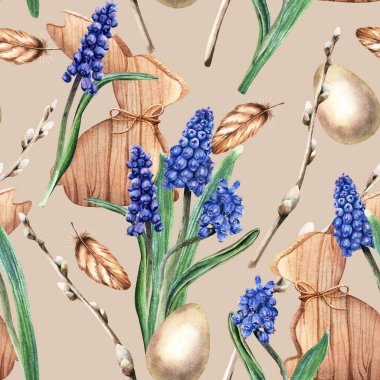 Seamless pattern with blue grape hyacinth, muscari flowers, pussy willow branches, wooden bunnies, eggs and feathers. Hand drawn botanical watercolor illustration on brown background. For wrapping, fabric, textile