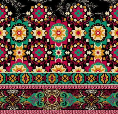 Geometrik şekil Allover tekstil tasarımı için arka plan kenarlık dokusunu yineliyor. Dijital ve ekran tekstili için süslemeli ve soyut çiçek deseni ve ayrıca duvar kağıdı yazdırma