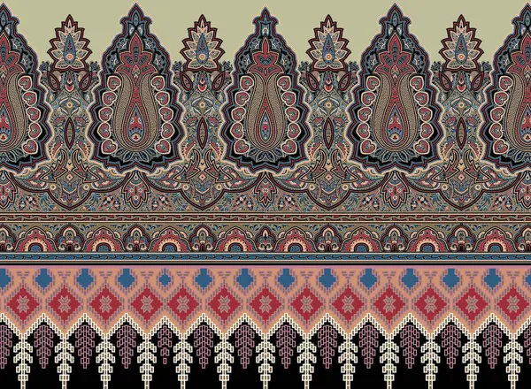 Tekstil kumaş baskı bantlarında tekrarlanan sınır deseni çiçek ve geometrik gemiler süslemeli soyut model arka plan, duvar kağıdı, ekran ve dijital bez baskı kalıbı