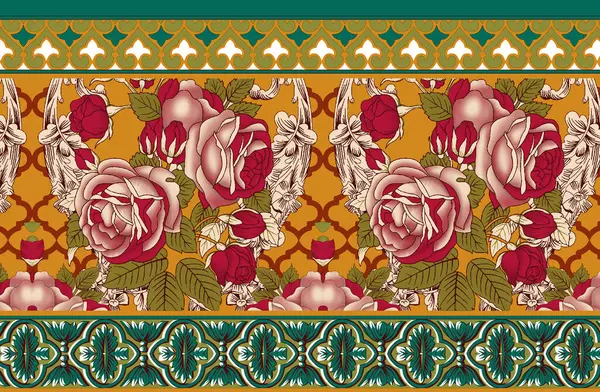 tekstil Sınır Tasarımı Çiçekler ve Geometrik Arkaplan 