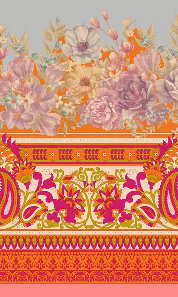 tekstil Sınır Tasarımı Çiçekler ve Geometrik Arkaplan 