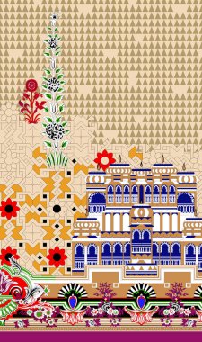 Tekstil Geometriği ve Çiçekler Soyut sınır Tasarımı Dijital ve Ekran Yazdırma Tasarımı  