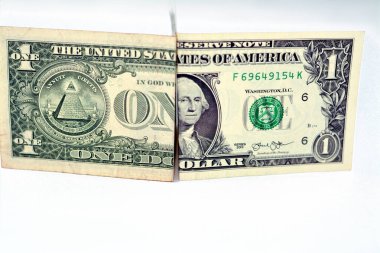 1 Amerikan dolarının ters ve ters tarafları nakit para banknotu yarı yarıya izole beyaz arka plan, para döviz kuru ve piyasa konsepti, seçici odaklı