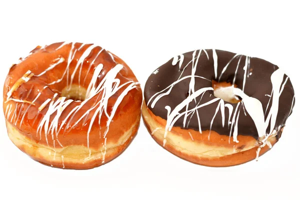 Ring Donuts Brown Caramel White Chocolate Sauce Glazed Yeast Raised — Stock Photo, Image
