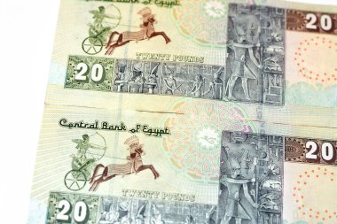 20 LE EGP ters tarafı 20 Mısır Pound para banknotları, seri 2022 Bir Pharaonic savaş arabası ve frieze Senusret şapelinde Beyaz arka planda izole edilmiş, seçici odaklı