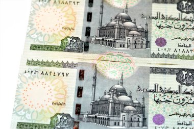 2022 Mısır para banknotları, 2022 Mısır para birimi Kahire 'deki Muhammed Ali camii beyaz arka planda izole, seçici odaklı