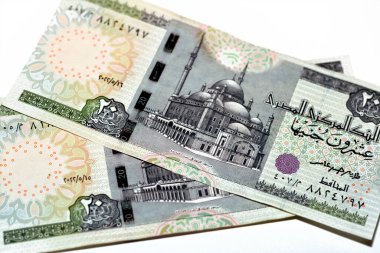 2022 Mısır para banknotları, 2022 Mısır para birimi Kahire 'deki Muhammed Ali camii beyaz arka planda izole, seçici odaklı