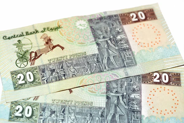 20埃及镑钞票的背面是20埃及镑钞票 系列2022年的特色是一辆法老战争战车 从塞纳斯莱特一世教堂的白色背景中分离出来 有选择性地聚焦 — 图库照片