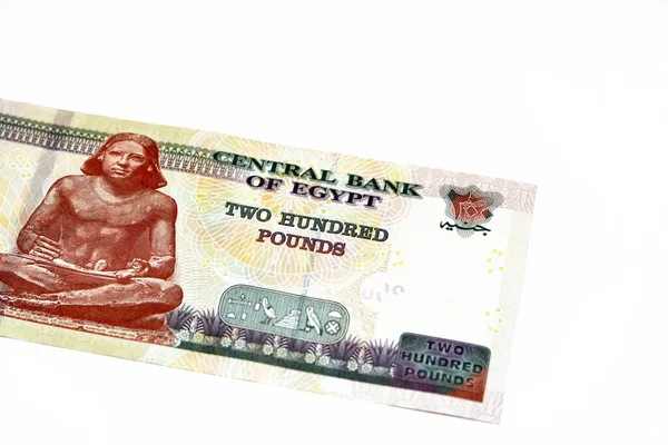 stock image Reverse side of 200 LE EGP two hundred Egyptian pounds cash money banknote series 2022 features the seated scribe of ancient Egypt, selective focus of Egyptian money isolated on white background