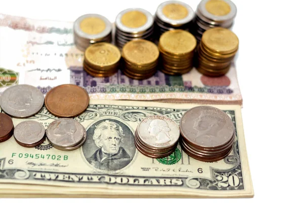 Stosy Monet Amerykańskich Dolara Centów Ćwierćdolarówek Centów Monet Egipskich Egp — Zdjęcie stockowe