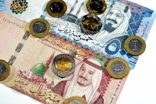 Insamling 500 Sar Och 100 Sar Saudiarabien Riyals Kontanter Sedlar — Stockfoto