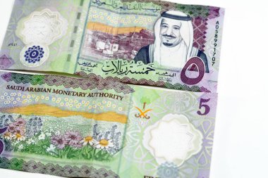 Yeni polimer 5 SAR 5 Suudi Arabistan riyalleri nakit para banknot serisi 1441 AH Rub 'al Khali' deki Şeyh petrol rafinerisi, kral Salman Bin AbdulAziz Al Suud ve izole edilmiş bir çiçek tarlası