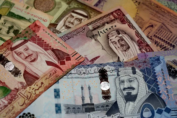 Saudiarabien Riyals Pengar Sedlar Insamling Olika Tider Och Värden Har — Stockfoto