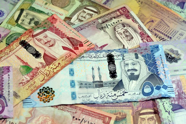 Arábia Saudita Riyals Coleta Notas Dinheiro Diferentes Tempos Valores Apresentam — Fotografia de Stock