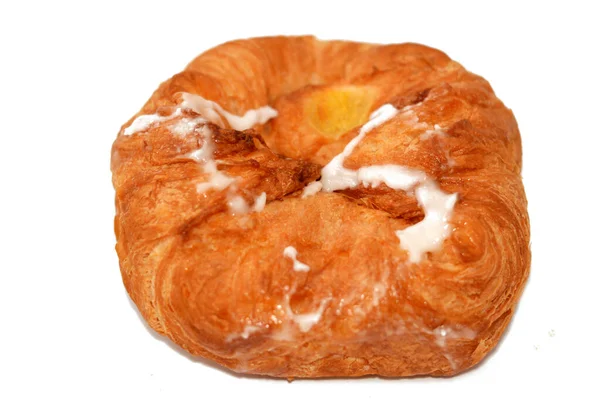 Baked Danish Pastry Stuffed Topped Powdered Sugar Honey Selective Focus — Stock Photo, Image