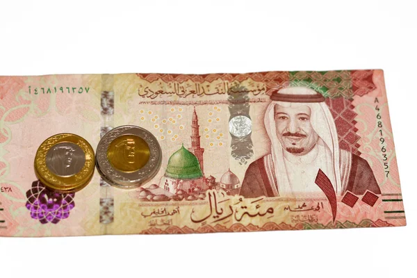 Framsidan 100 Sar Hundra Saudiarabien Riyals Kontanter Sedel Feautures Kung — Stockfoto