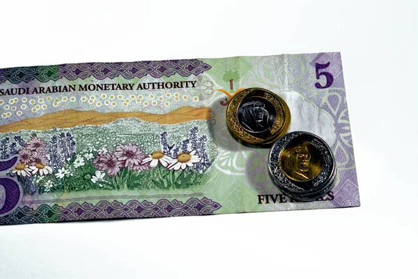 Reverso Sar Cinco Riales Arabia Saudita Billetes Efectivo Serie 1438 — Foto de Stock
