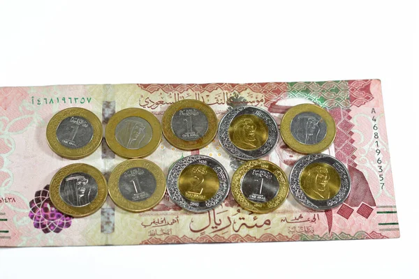 100 Sar Cem Riyals Arábia Saudita Dinheiro Nota Com Pilha — Fotografia de Stock