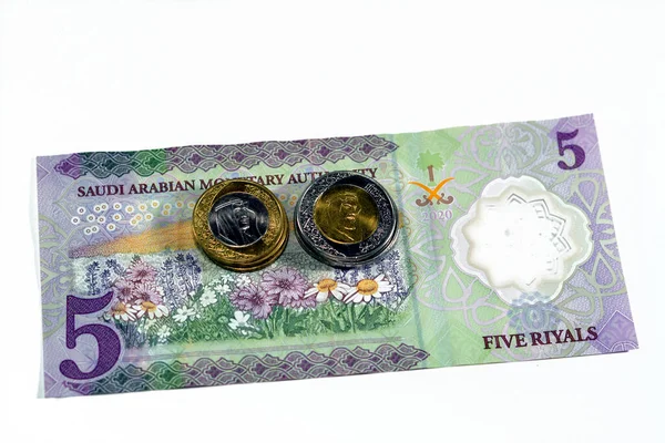 Обратная Сторона Нового Полимера Sar Пять Саудовской Аравии Наличные Деньги — стоковое фото