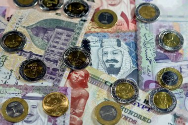 Mısır 'da nakit para, banknotlar, Suudi Arabistan krallığı para ve sikkeler, Suudi ve Mısır döviz kurları, petrol ve finansal Orta Doğu konsepti