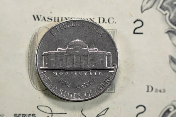 Monticello the primary plantation of Thomas Jefferson the founding father and 3rd president of USA from the reverse side of American money coin of 5 five cents 1964 , old USA vintage retro coin
