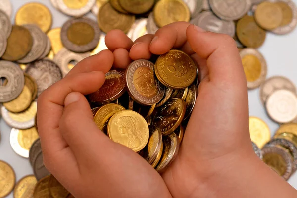 A pile of coins in the hand of a child, stack of Egyptian money coins held by a young child, the concept of economy future, collecting money for charity, and saving money