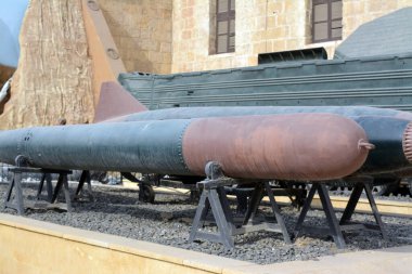 Cairo, Egypt, January 7 2023: old marine torpedo missile used in old wars from the Egyptian national military museum in Cairo citadel, official army museum, selective focus