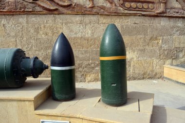 Cairo, Egypt, January 7 2023: Bombs of different types and sizes, penetrator and general purpose bomb from the Egyptian national military museum in Cairo citadel, official army museum, selective focus