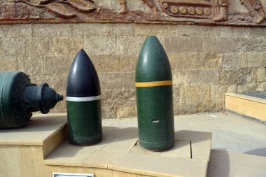 Cairo, Egypt, January 7 2023: Bombs of different types and sizes, penetrator and general purpose bomb from the Egyptian national military museum in Cairo citadel, official army museum, selective focus