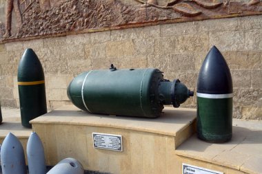 Cairo, Egypt, January 7 2023: Bombs of different types and sizes, penetrator and general purpose bomb from the Egyptian national military museum in Cairo citadel, official army museum, selective focus