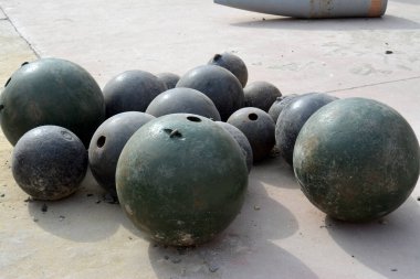 Cairo, Egypt, January 7 2023: Bombs of different types and sizes, penetrator and general purpose bomb from the Egyptian national military museum in Cairo citadel, official army museum, selective focus