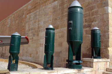Cairo, Egypt, January 7 2023: old ancient retro highly explosive heavy bomb used with aircraft from the Egyptian national military museum in Cairo citadel, official army museum, selective focus