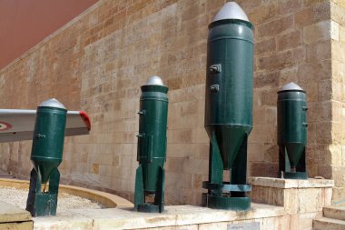 Cairo, Egypt, January 7 2023: old ancient retro highly explosive heavy bomb used with aircraft from the Egyptian national military museum in Cairo citadel, official army museum, selective focus