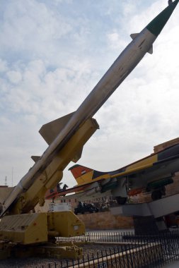 Cairo, Egypt, January 7 2023: SAM 2 USSR missiles elevated on truck surface to air defense missile SA-2 1962 from the Egyptian national military museum in Cairo citadel, official army museum