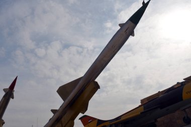 Cairo, Egypt, January 7 2023: SAM 2 USSR missiles elevated on truck surface to air defense missile SA-2 1962 from the Egyptian national military museum in Cairo citadel, official army museum