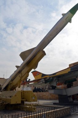 Cairo, Egypt, January 7 2023: SAM 2 USSR missiles elevated on truck surface to air defense missile SA-2 1962 from the Egyptian national military museum in Cairo citadel, official army museum