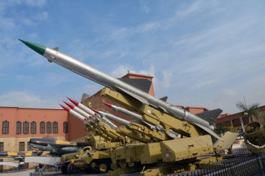 Cairo, Egypt, January 7 2023: USSR Soviet Union ground to air Sam 2 Sam 6 missiles, P-15 radar and aircraft from the Egyptian national military museum in Cairo citadel, official army museum
