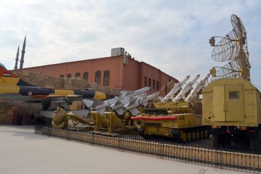 Cairo, Egypt, January 7 2023: USSR Soviet Union ground to air Sam 2 Sam 6 missiles, P-15 radar and aircraft from the Egyptian national military museum in Cairo citadel, official army museum