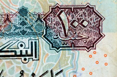 Close up of One hundred Egyptian pounds 100 EGP LE 2004 features Sultan Hassan mosque on obverse side and Sphinx of Giza Egypt on the reverse, selective focus of old Egyptian banknote money bill