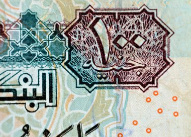 Close up of One hundred Egyptian pounds 100 EGP LE 2004 features Sultan Hassan mosque on obverse side and Sphinx of Giza Egypt on the reverse, selective focus of old Egyptian banknote money bill