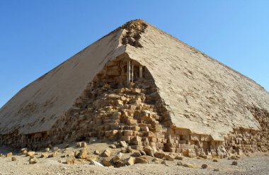 The Bent Pyramid of king Sneferu, A unique example of early pyramid development in Egypt located at Dahshur Badrashin Badrshein city, made of ancient limestone, height 104 meters, base 189 meters