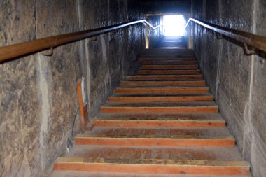 Giza, Egypt, January 26 2023: Details of the interior passages of The Bent Pyramid of king Sneferu, A unique example of early pyramid development in Egypt, madse of ancient limestone, selective focus