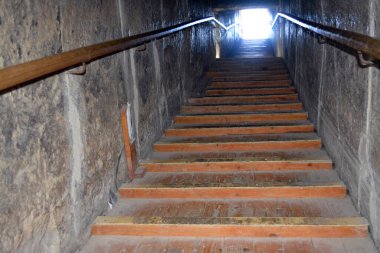 Giza, Egypt, January 26 2023: Details of the interior passages of The Bent Pyramid of king Sneferu, A unique example of early pyramid development in Egypt, madse of ancient limestone, selective focus