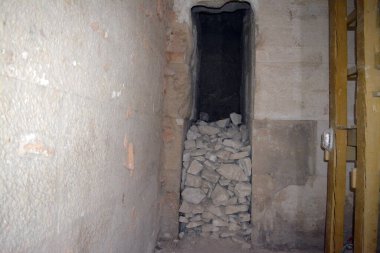 Giza, Egypt, January 26 2023: Details of the interior passages of The Bent Pyramid of king Sneferu, A unique example of early pyramid development in Egypt, madse of ancient limestone, selective focus