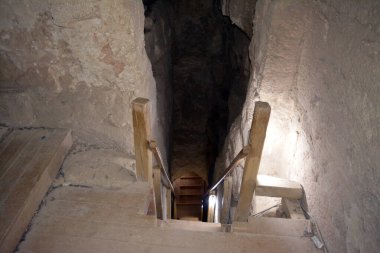 Giza, Egypt, January 26 2023: Details of the interior passages of The Bent Pyramid of king Sneferu, A unique example of early pyramid development in Egypt, madse of ancient limestone, selective focus