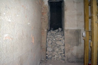 Giza, Egypt, January 26 2023: Details of the interior passages of The Bent Pyramid of king Sneferu, A unique example of early pyramid development in Egypt, madse of ancient limestone, selective focus